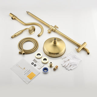 Antique Brass Exposed Pipe Shower With Handheld Shower, Brushed Gold