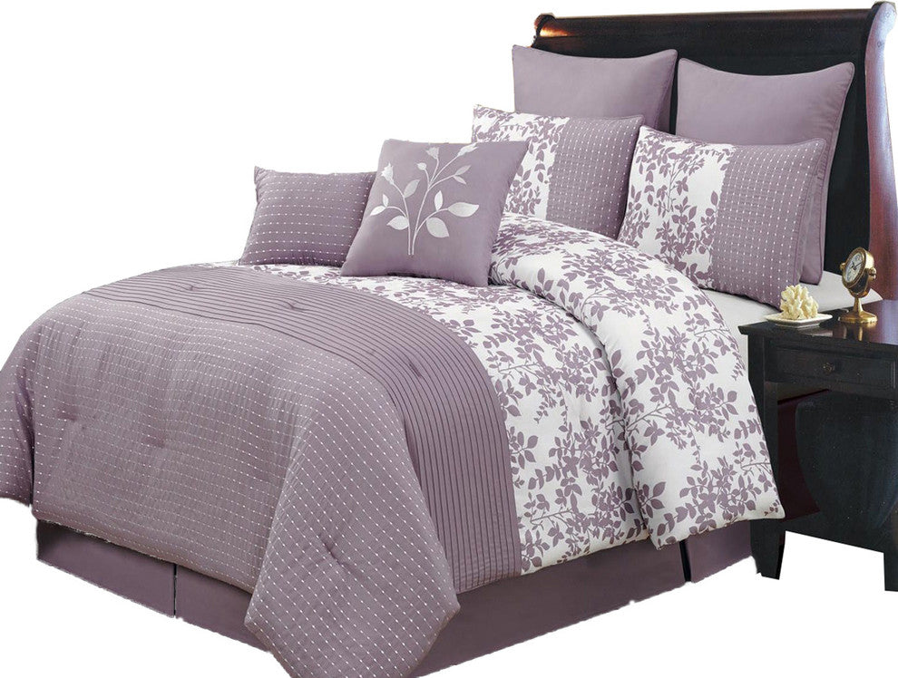 Bliss 100% Polyester 8PC Floral Bedding Set, Purple, King
