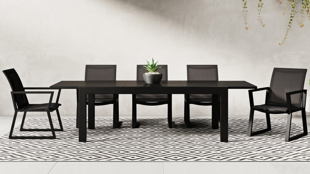 Loma Outdoor Extension Dining Table With Powder Coated Aluminum Frame, Black