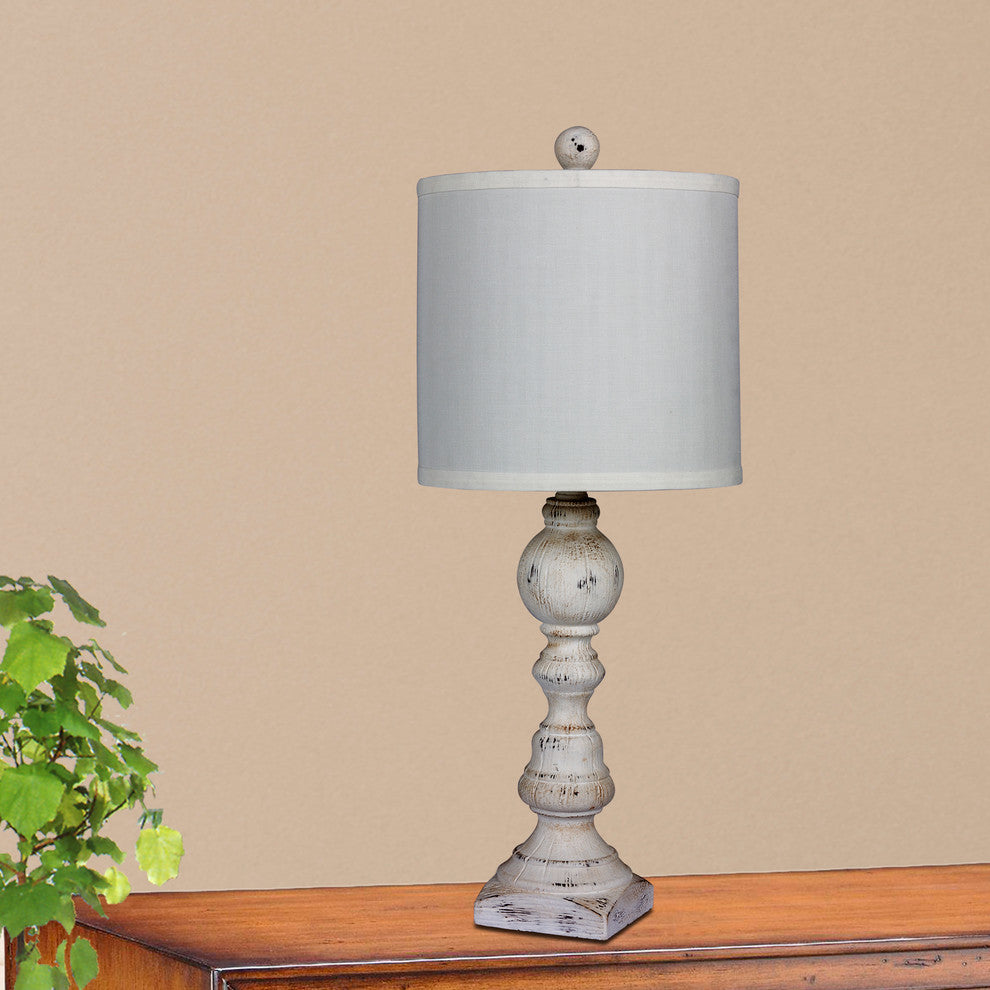 26" Distressed Balustrade Resin Table Lamp, Cottage Antique White