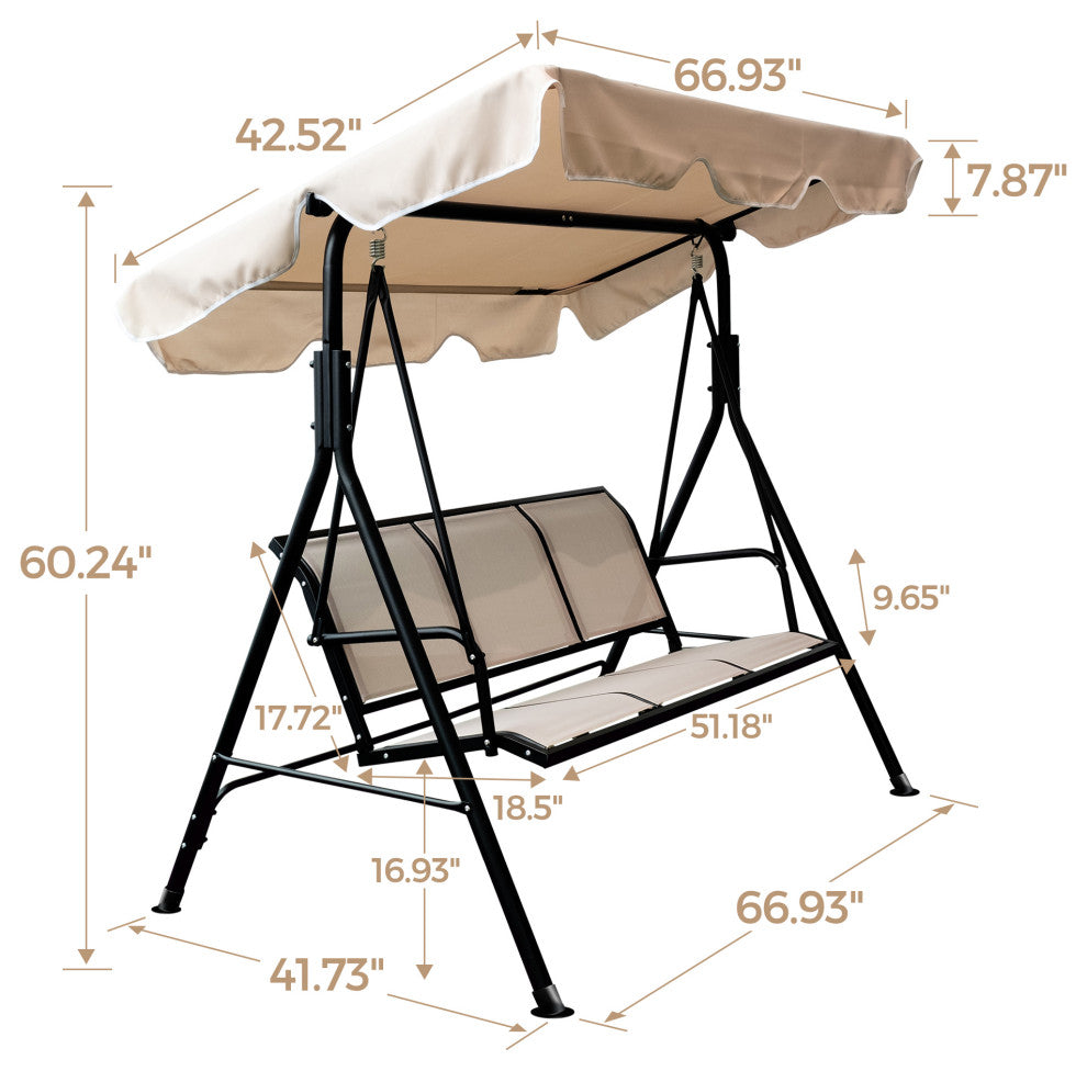 Outdoor Patio 3seater Metal Porch Swing Chair With Adjustable Canopy