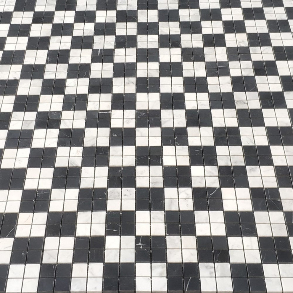 Carrara White Nero Marquina Black Marble 1x1 Plaid Mosaic Tile Honed, 1 sheet