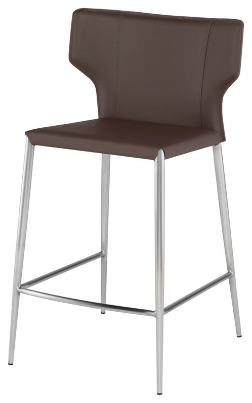 Wayne Counter Stool, Leather, Brushed Stainless Steel Legs, Mink Tan
