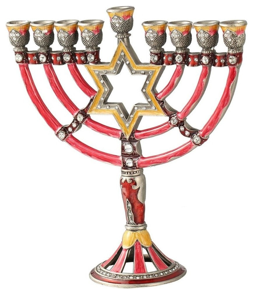 Hand Painted Enamel Menorah Candelabra with a Star of David Design