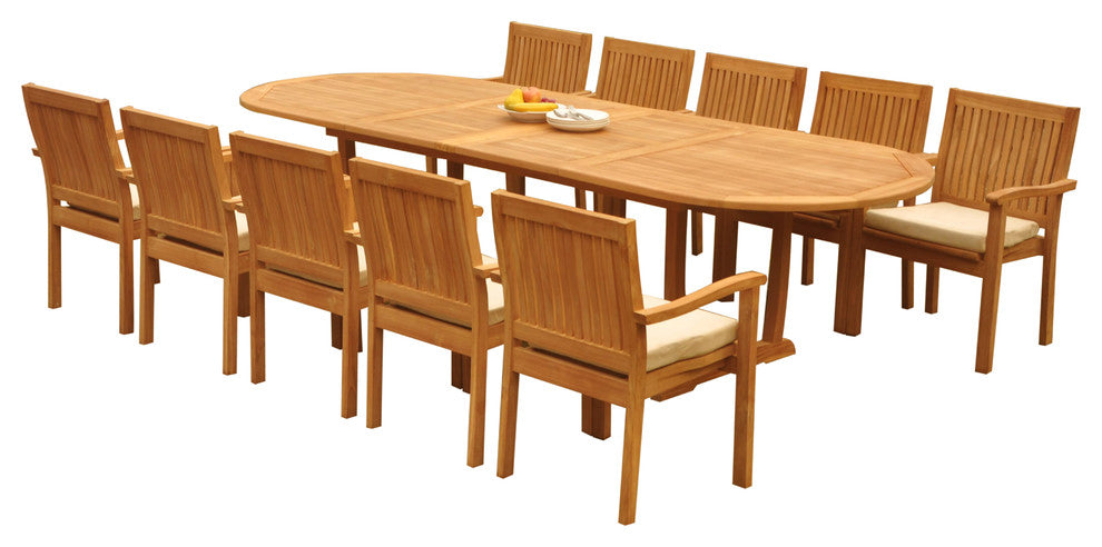 11-Piece Outdoor Teak Dining Set: 117" Masc Oval Table, 10 Leveb Stacking Chairs