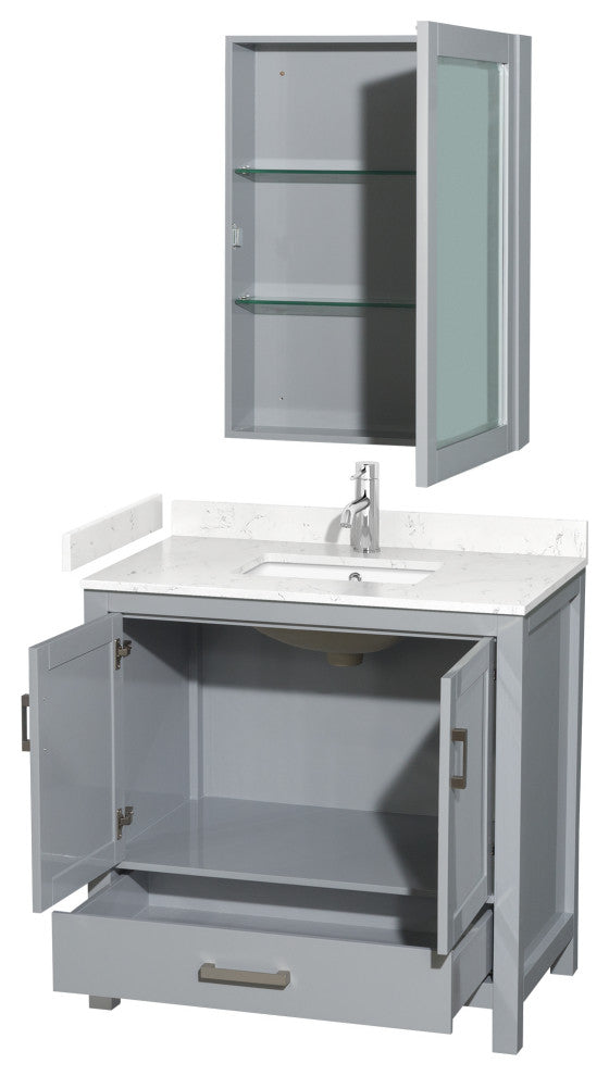 36"SGL Bathroom Vanity Gray, Carrara Cult. Marble Countertop, Sink, Med. Cabinet
