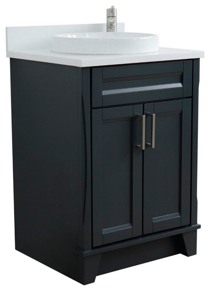 25" Single Sink Vanity, Dark Gray Finish With Engineered Stone Top, Round Sink