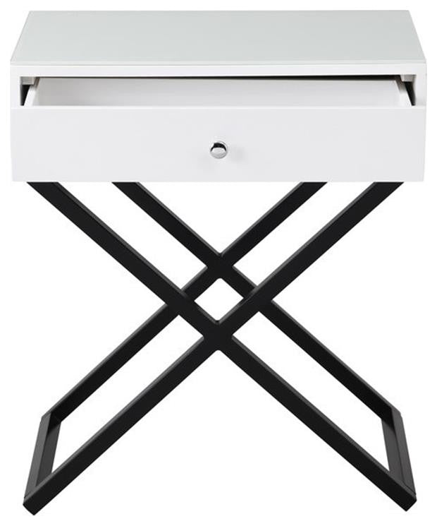 Koda White Wooden End Side Table Nightstand w/ Glass Top Drawer & Metal Base