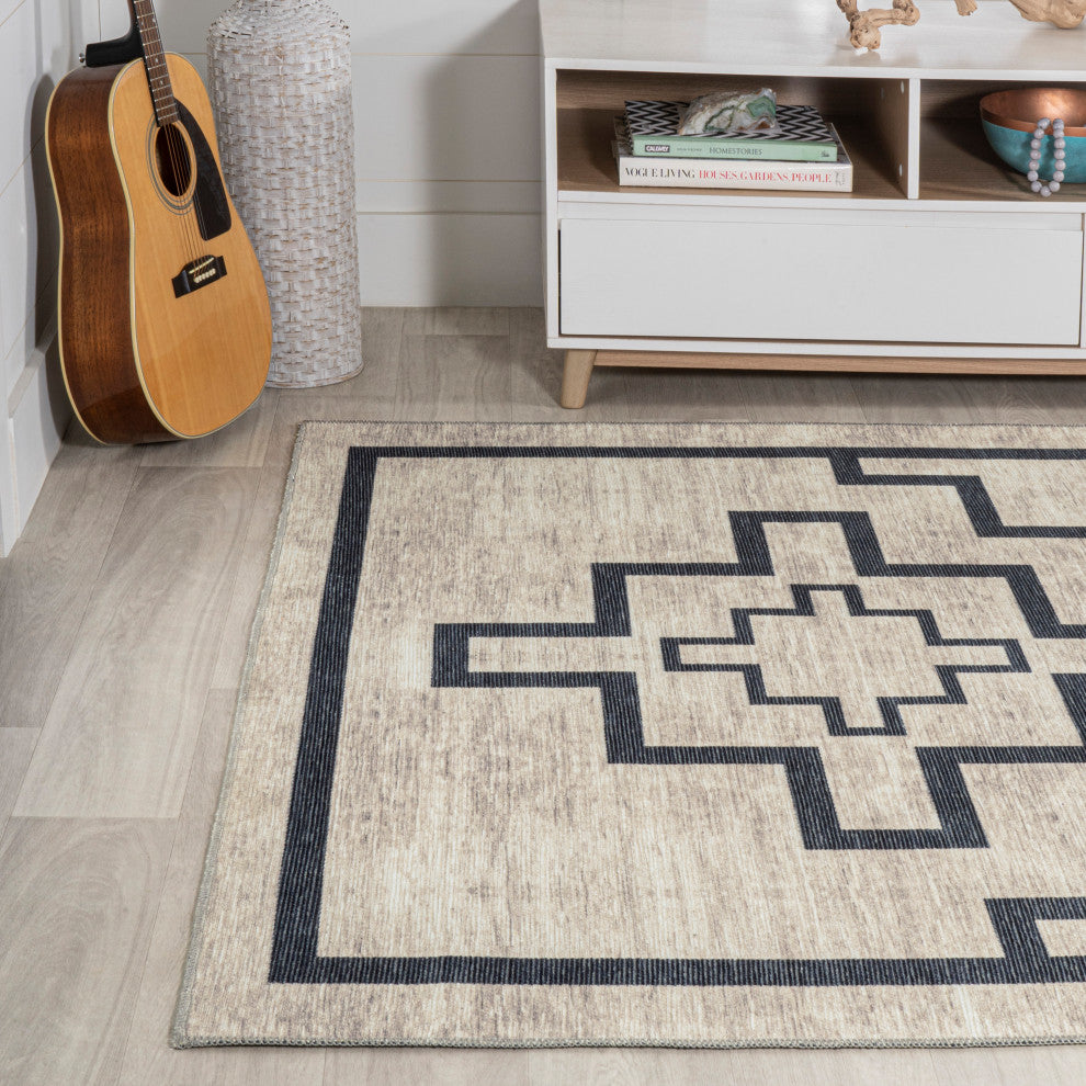 Ashkii Minimalist Medallion Machine-Washable Area Rug, 3 X 5