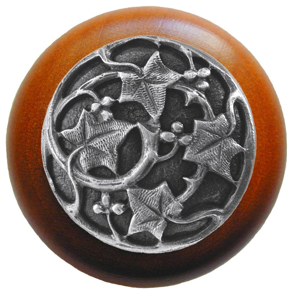 Ivy With Berries Cherry Wood Knob, Antique-Style Pewter
