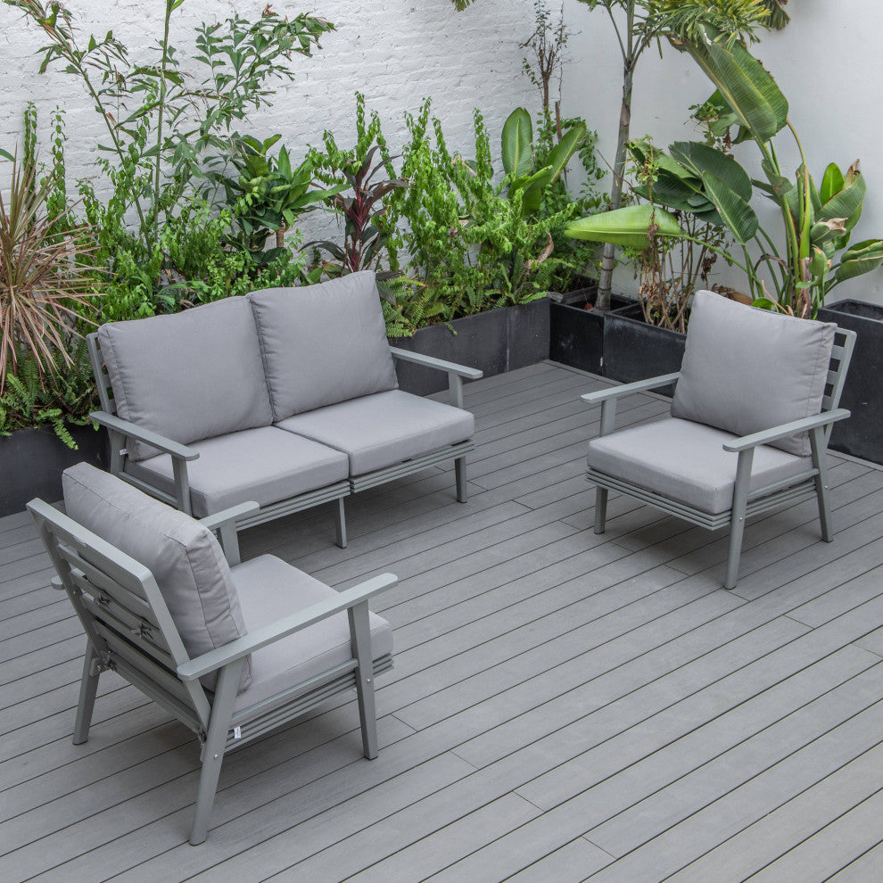 LeisureMod Walbrooke 3-Piece Patio Set With Gray Aluminum Frame and Cushions, Grey