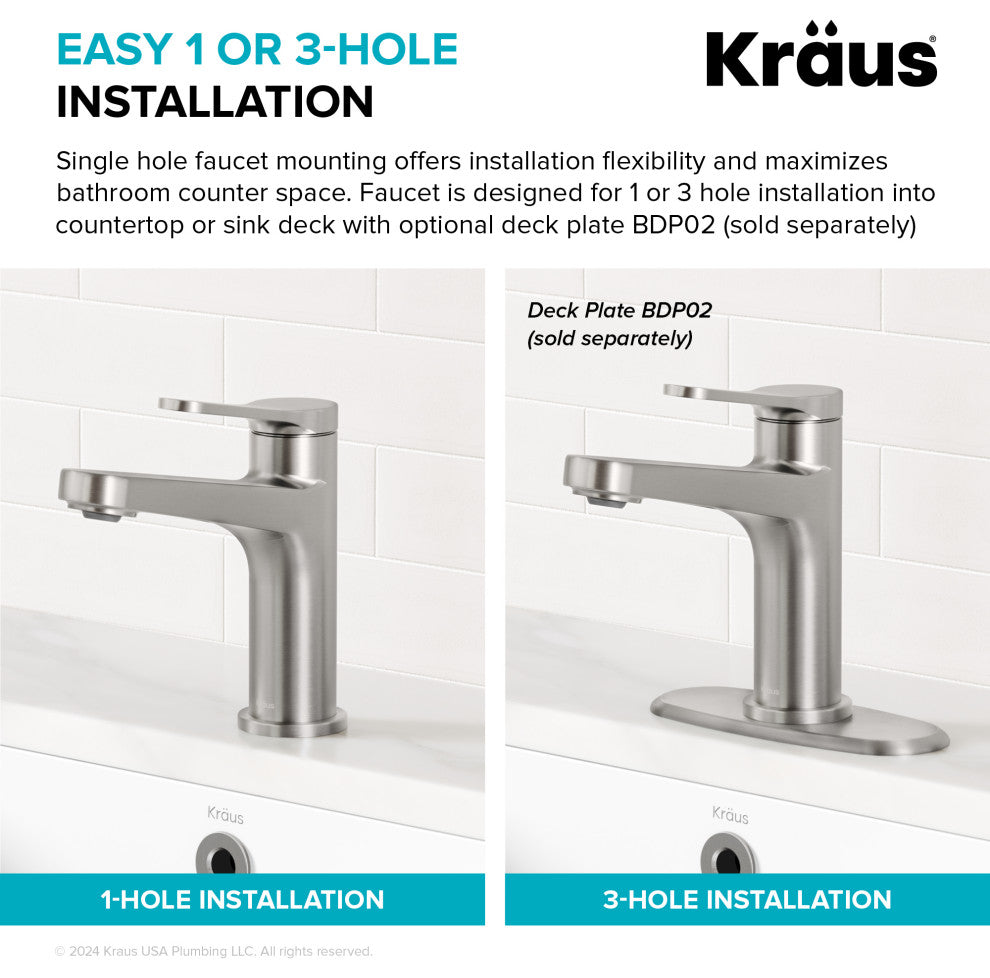 KRAUS Indy Single Handle Basin Bathroom Faucet Spot Free BB, Pop Up Drain