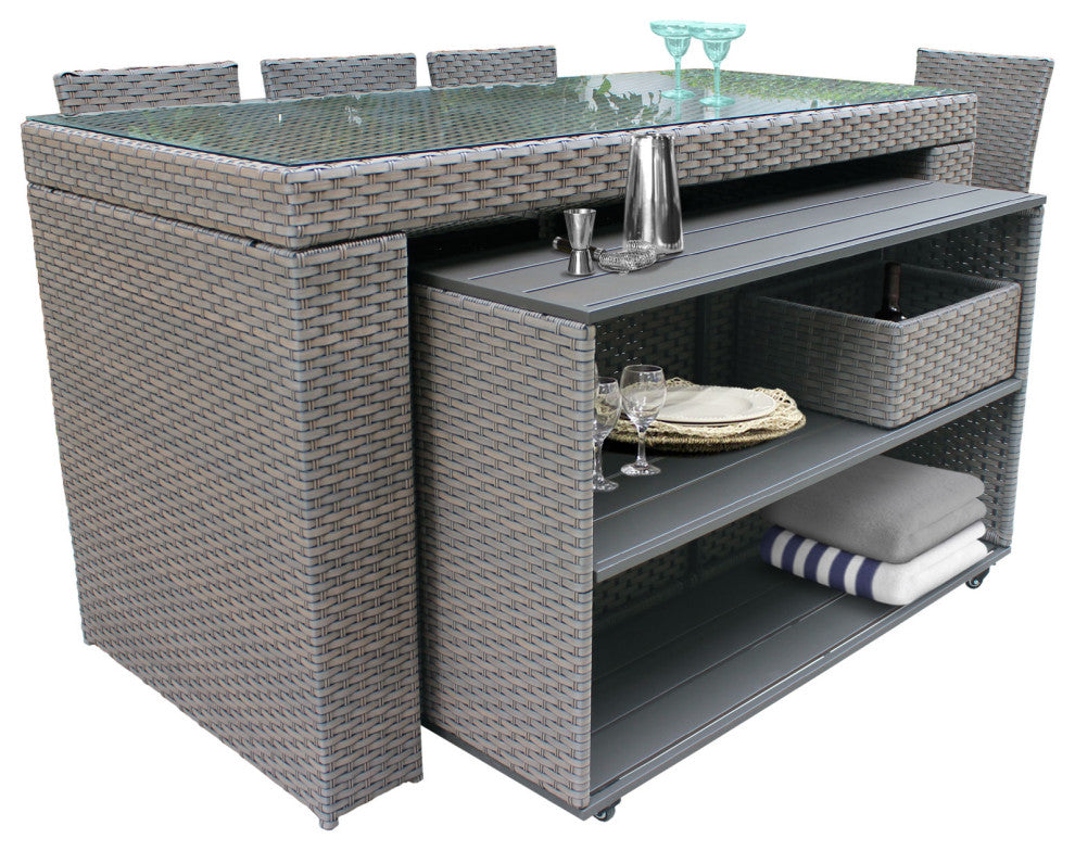 Monterey Bar Table, Cart, Basket, 4 Barstools Wicker Patio Furniture