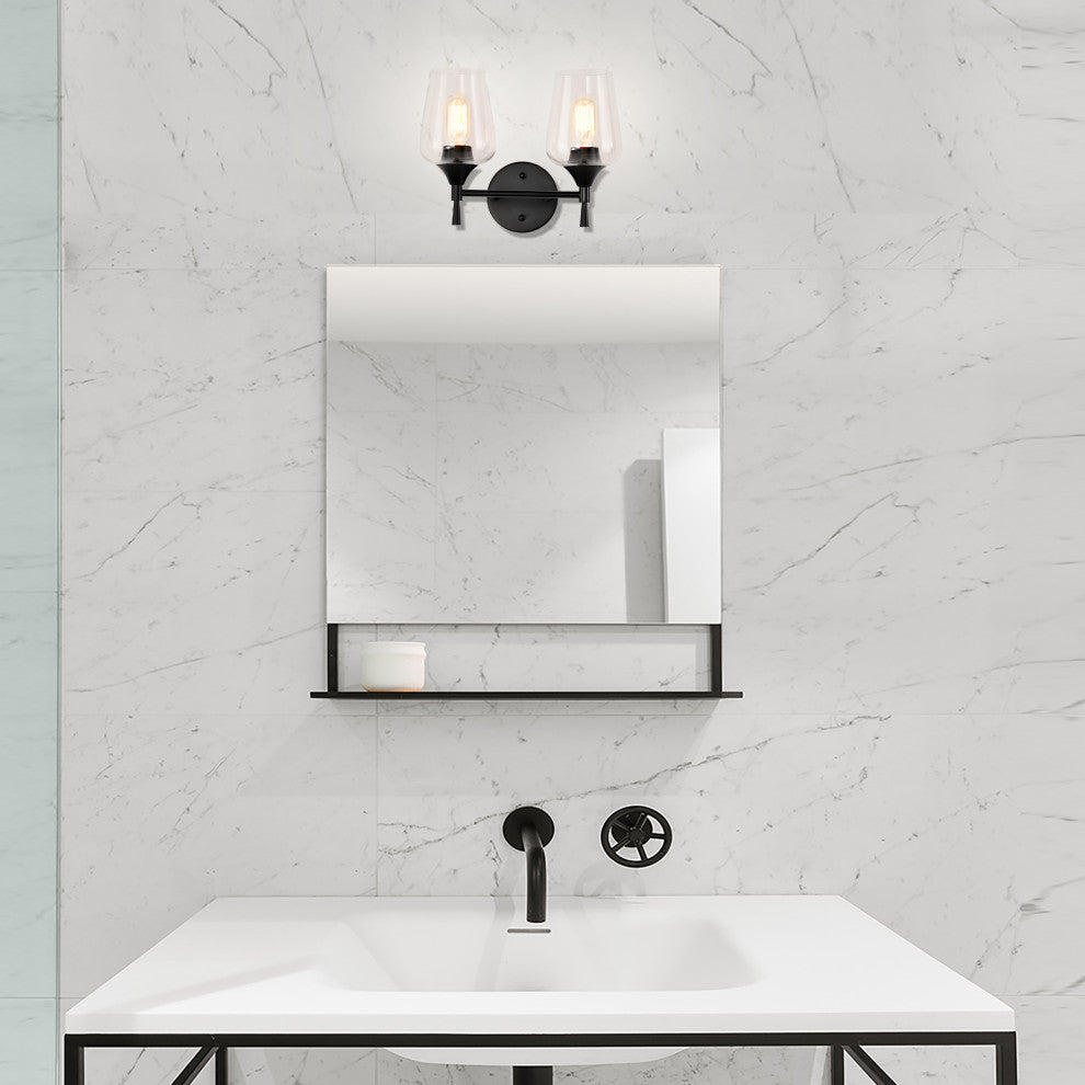 13 in. 2-Lights Matte Black Vanity Light With Clear Wine Glass Shades