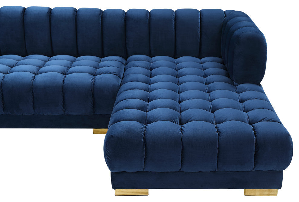 Gwen Biscuit Tufted Velvet Upholstered 3 Piece Sectional, Navy