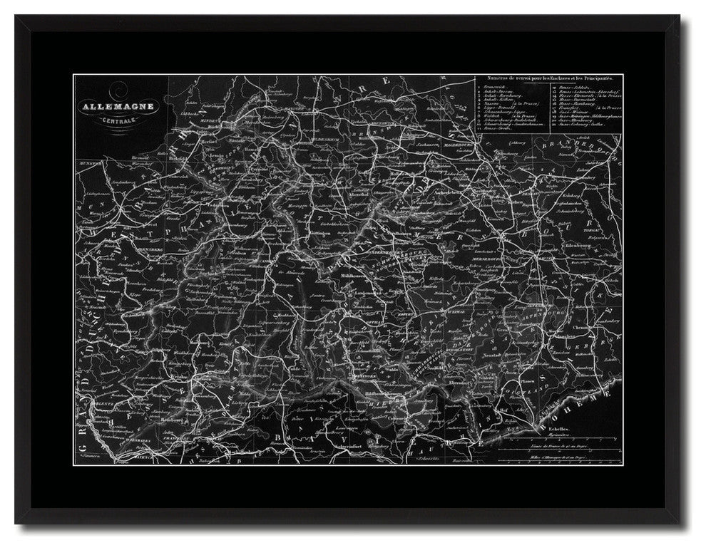 Central Germany Monochrome Map Print On Canvas With Black Frame, 28" X 37"