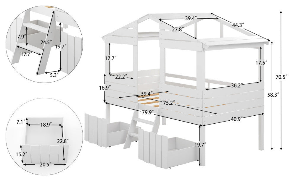 Twin Size Loft Bed With Two Drawers Windows And Roof Design White