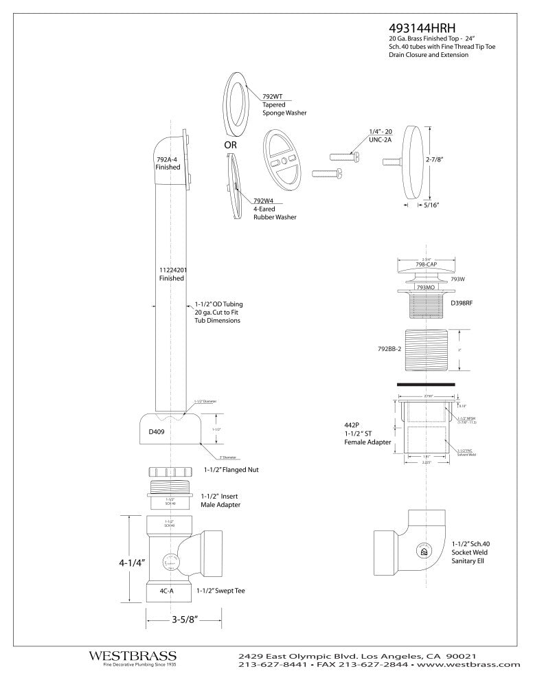 Semi-Exposed Tip-Toe Bath Waste and Overflow Drain, Polished Brass