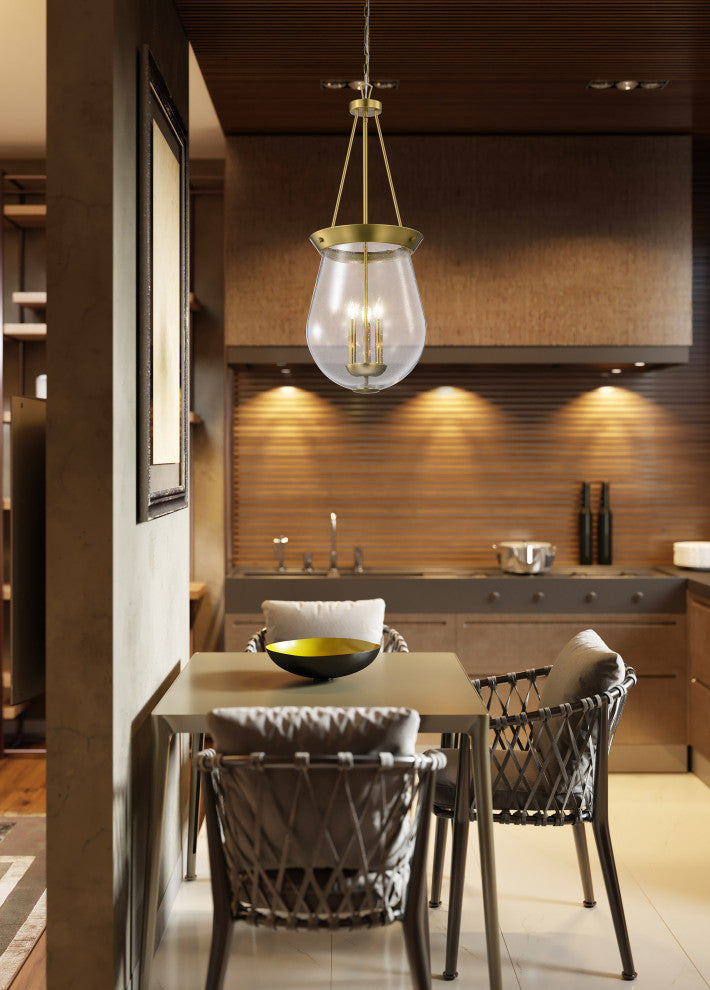 Boliver 3 Light Pendant, 14", Vintage Brass Finish, Clear Seeded Glass
