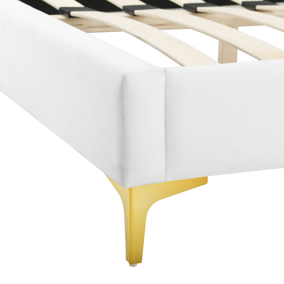 Platform Bed Frame, Queen Size, White, Velvet, Modern, Bedroom Guest Suite
