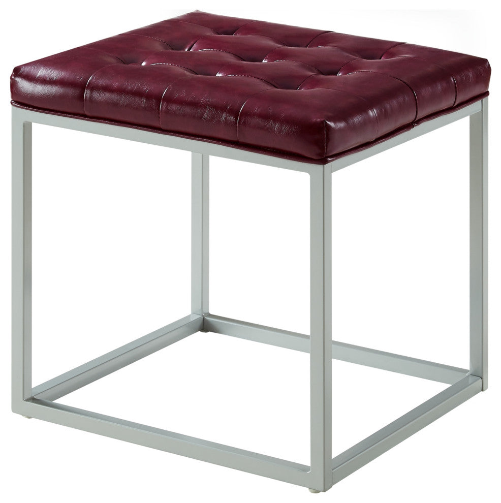 Teresa PU Leather Button Tufted Metal Frame Cube Ottoman, Purple