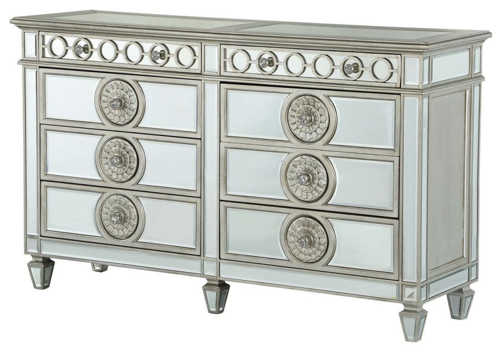 Benzara BM251278 Dresser With Mirror Front 8 Drawers and Sunburst Motifs, Silver
