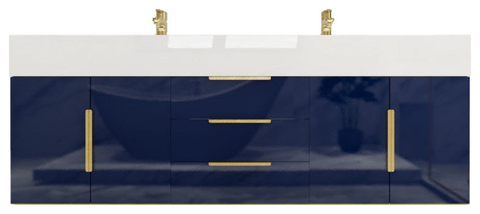 Madison 60" Wall Mounted Double Sink Vanity with Reinforced Acrylic Sink, High Gloss Blue