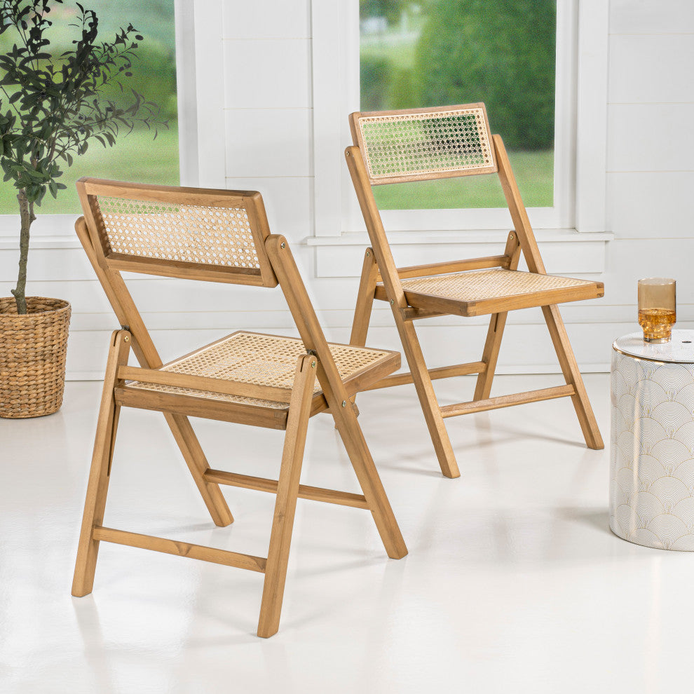 Vintage Wood Rattan Folding Chair, Adjustable Back, Light Brown, Set of 2