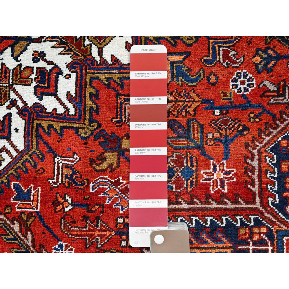 Tomato Red Pure Wool Hand Knotted Semi Antique Persian Heriz Rug 8'5"x10'9"