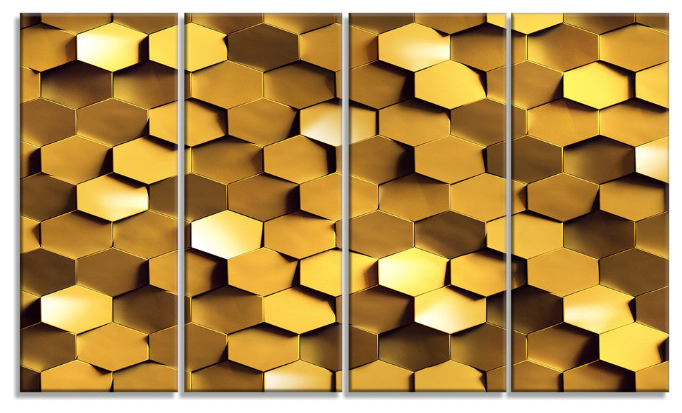 Golden Honeycomb Wall Texture, Abstract Canvas Art Print, 48"x28", 4 Panels