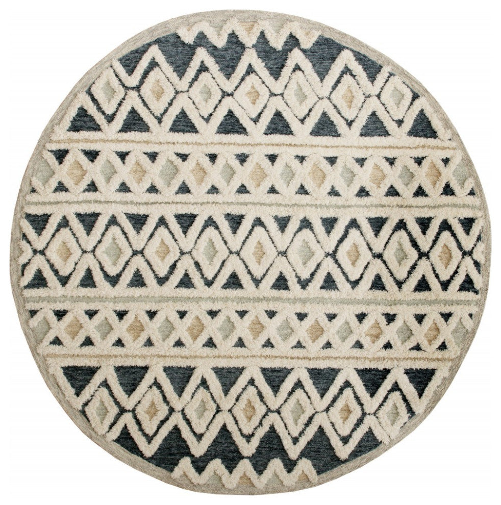 4' Round Blue and Cream Stripe Diamond Area Rug