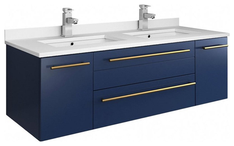 Lucera 48" Modern Royal Blue Wall Hung Cabinet, Top and Double Undermount Sink