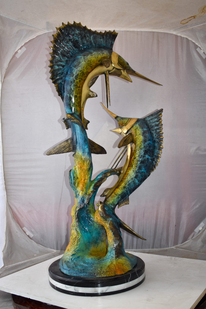Set Of Intertwined Sailfish and Marlin Colored Bronze Statue  27" x 20" x 47"H