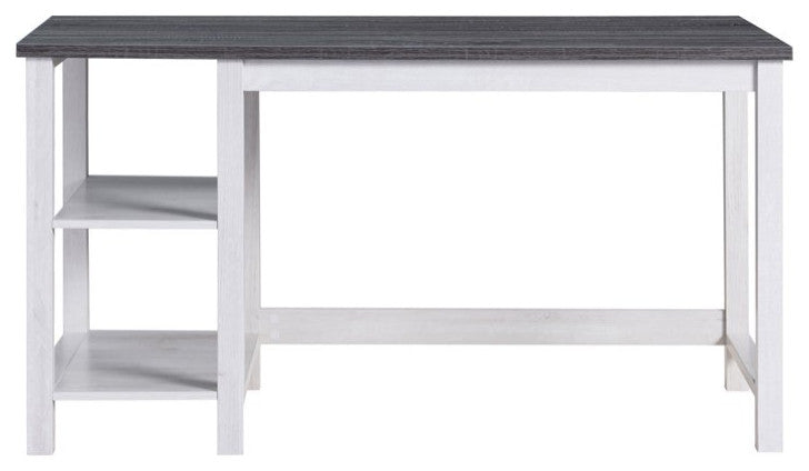Farmhouse Desk, Wooden Legs With Rectangular Top & Open Comparments, White/Oak