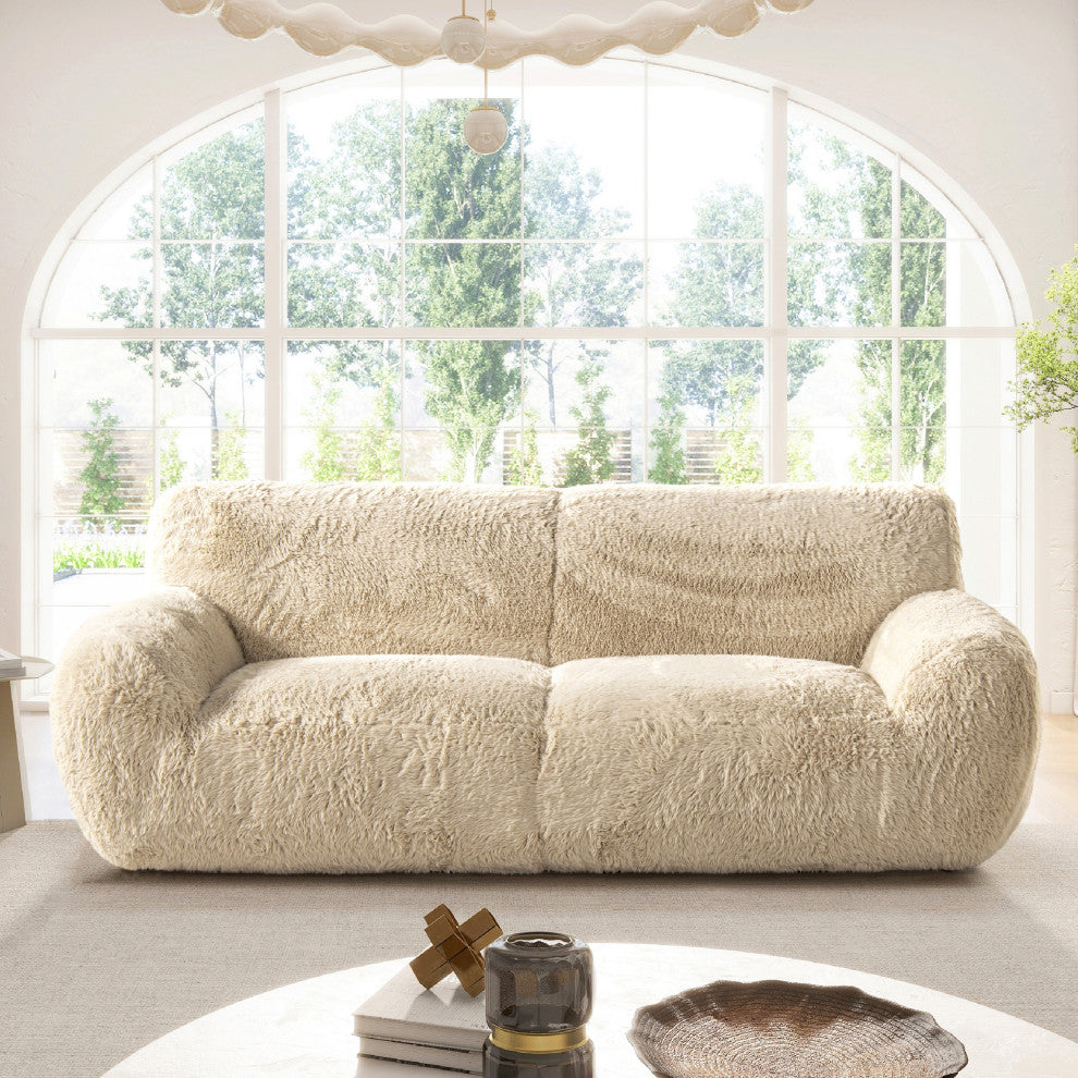 Summit 83" Sheepskin Sofa, Cream Beige Faux Fur