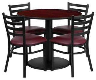 36" Round Black Laminate Table Set With 4 Ladder Back Chairs, Burgundy