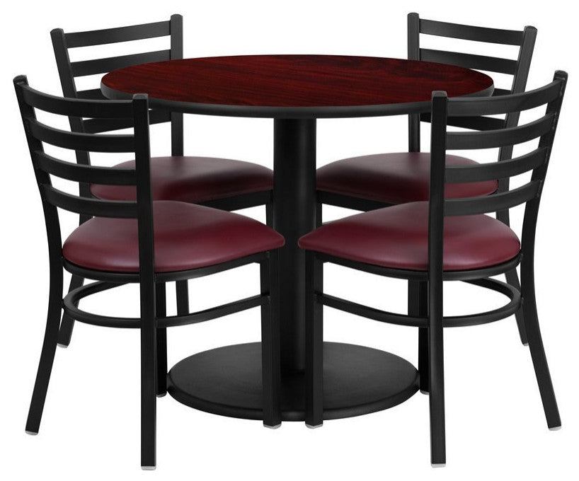 36" Round Black Laminate Table Set With 4 Ladder Back Chairs, Burgundy