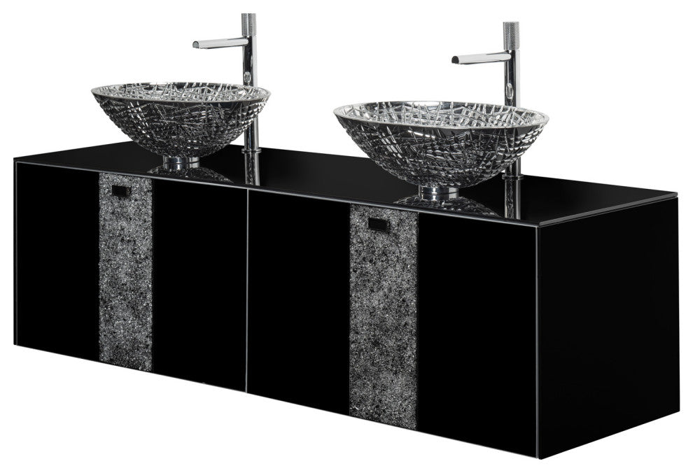 Luxury Crystal Double Vanity 63", Black, Dounle Sink, Wall-mounted