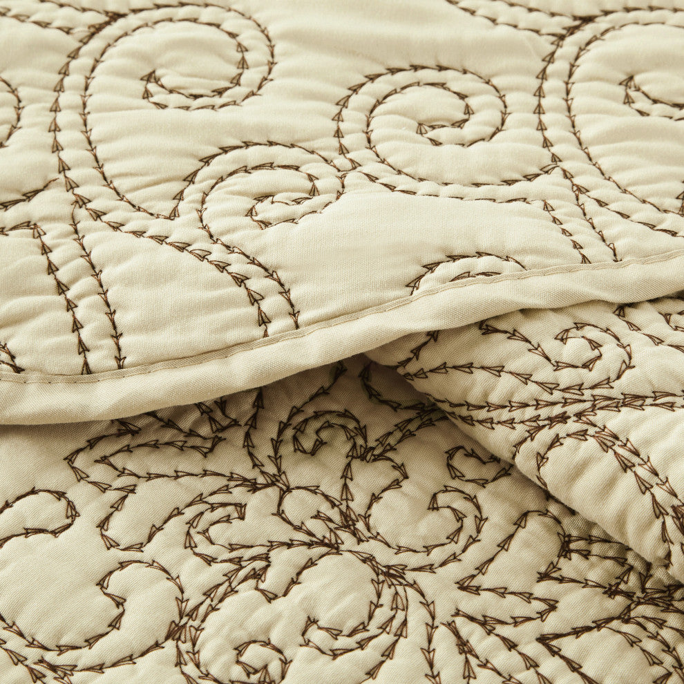 Damask Embroidered Quilted 4 Piece Bed Spread Sets, Beige, King