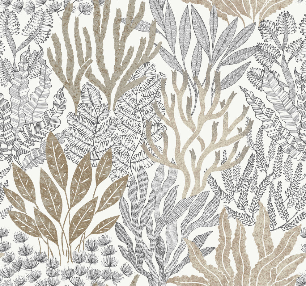 Coral Leaves Taupe and Black Wallpaper