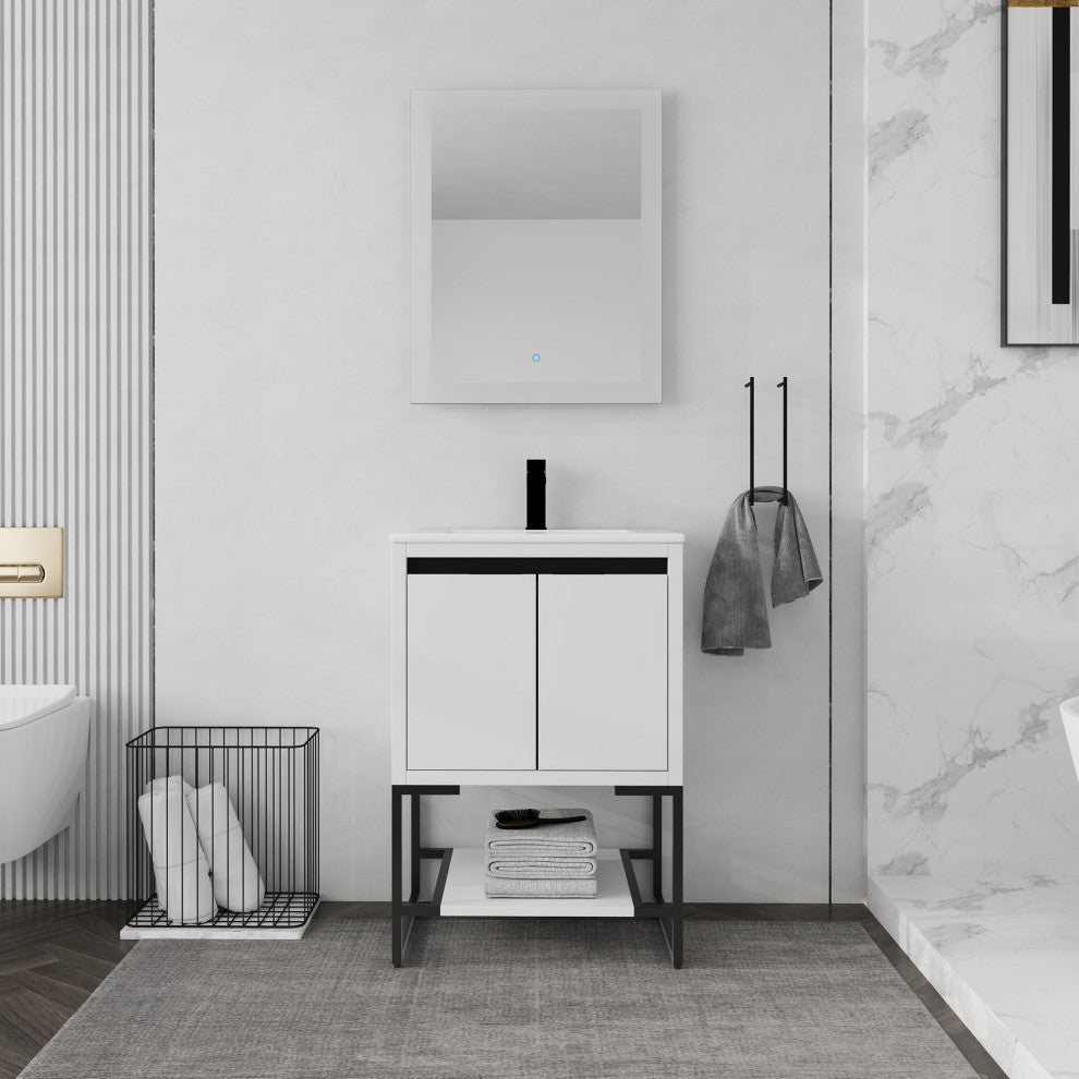 24" Plywood Freestanding Bath Vanity Set, Integrated Resin Basin