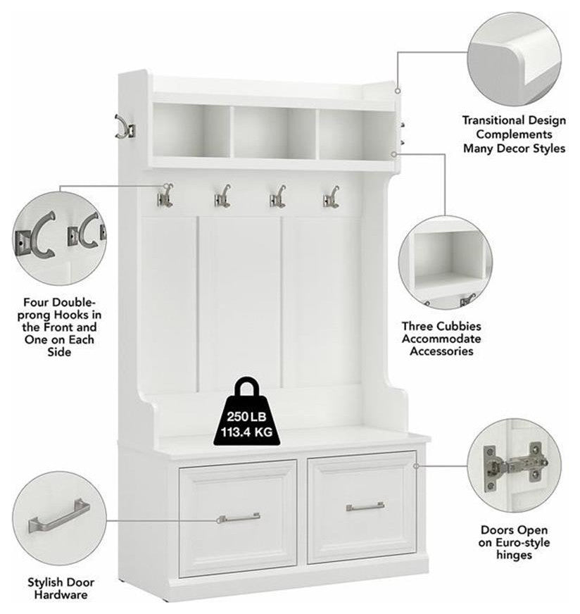 Woodland 40W Hall Tree and Shoe Bench with Doors in White Ash - Engineered Wood