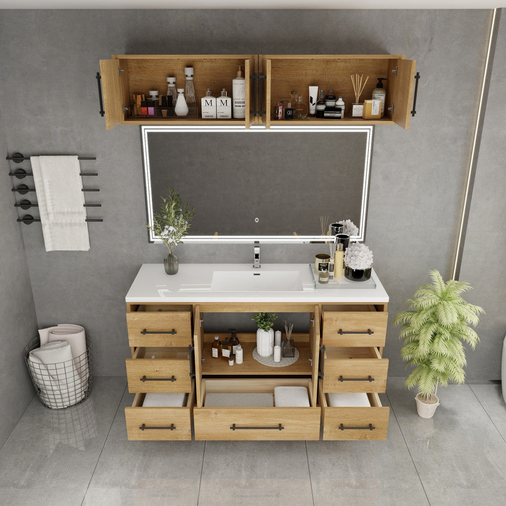 Victoria 60" Solid Wood Vanity Single Sink, Overhead Cabinet, Oak