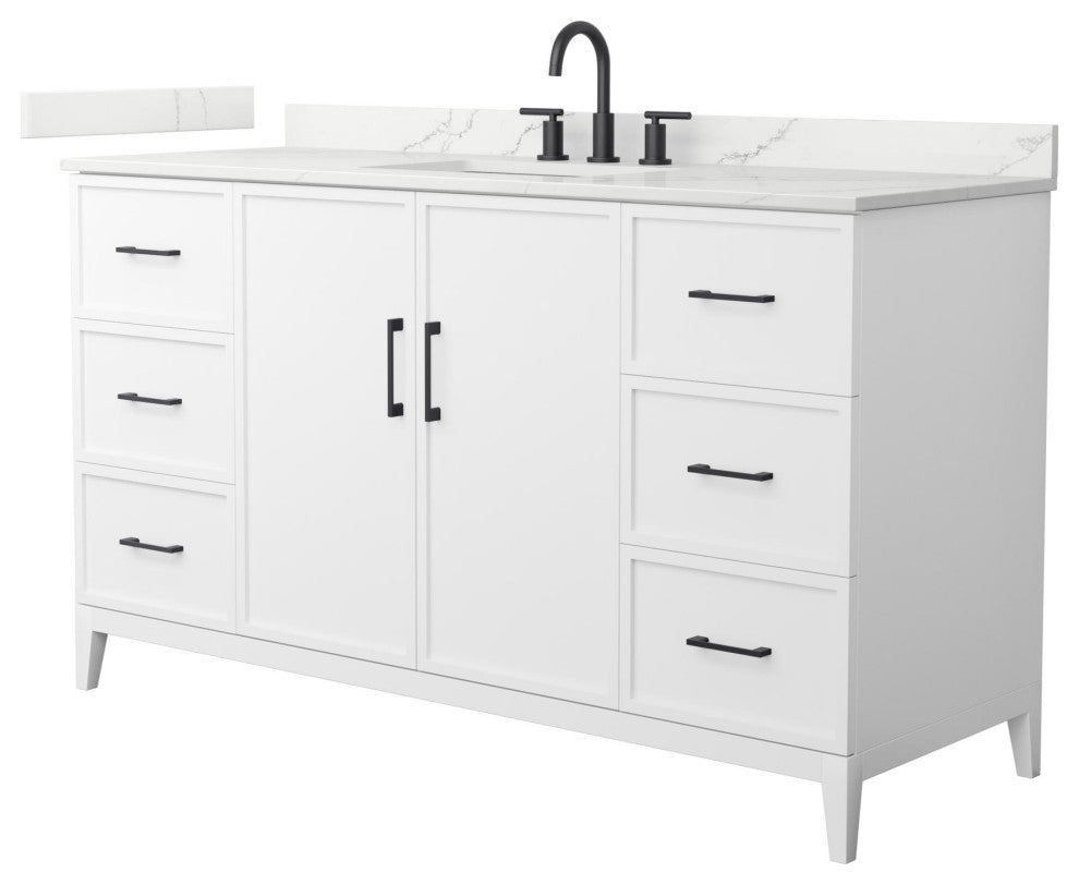 Elan 60" Single Vanity, White, Giotto Quartz Top, 3-Hole, Black Trim