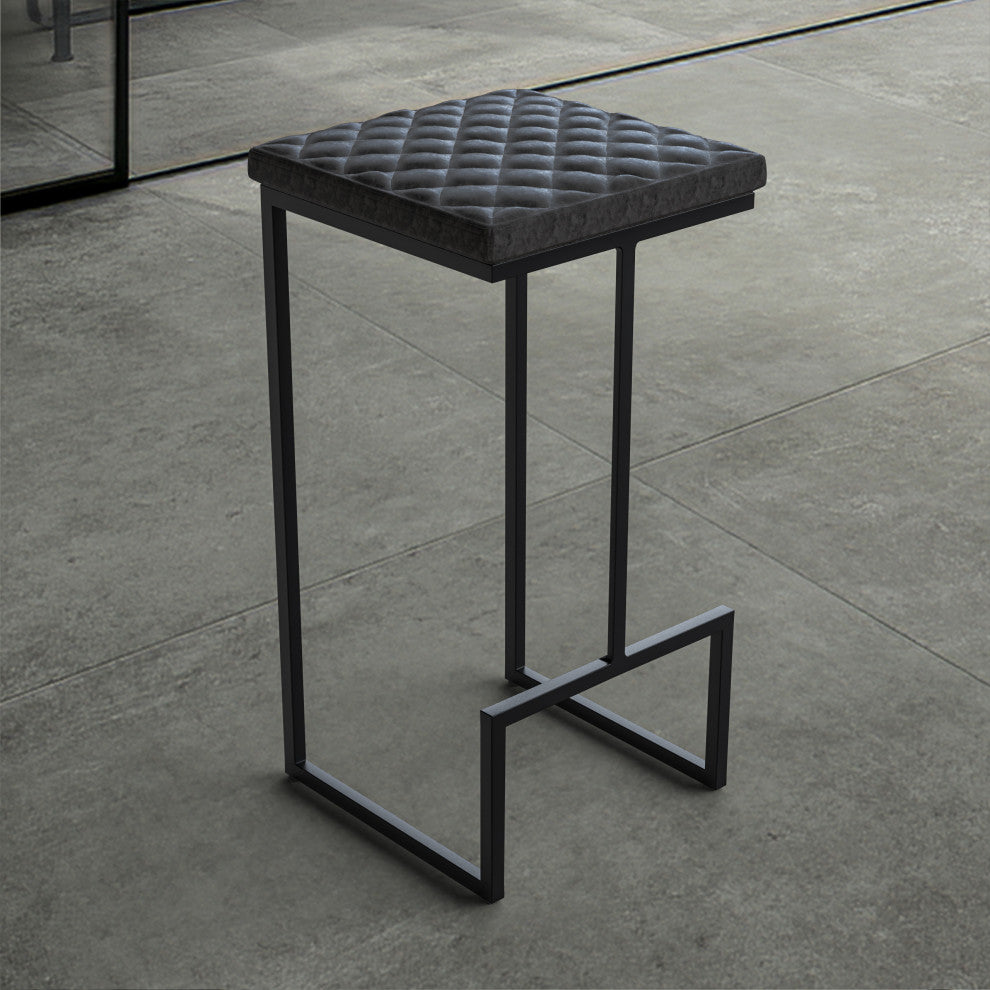 Quincy Leather Barstool Square Seats and Metal Frame Set of 2, Charcoal Black