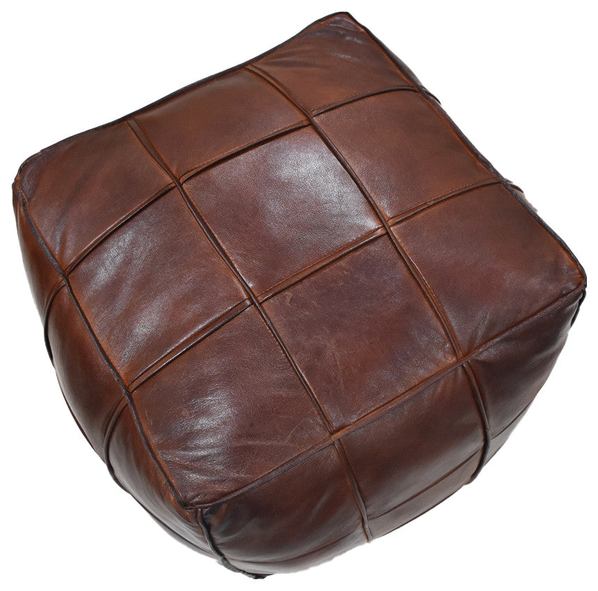 Pouf-Solid Handmade Leather Pouf (Recycled Foam with Fiber Fill), Brown, Square, 16x16x16
