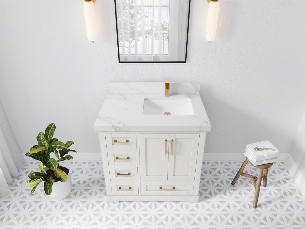 Boston 36" Right Offset Bath Vanity in Alabaster 2" Calacatta Sienna