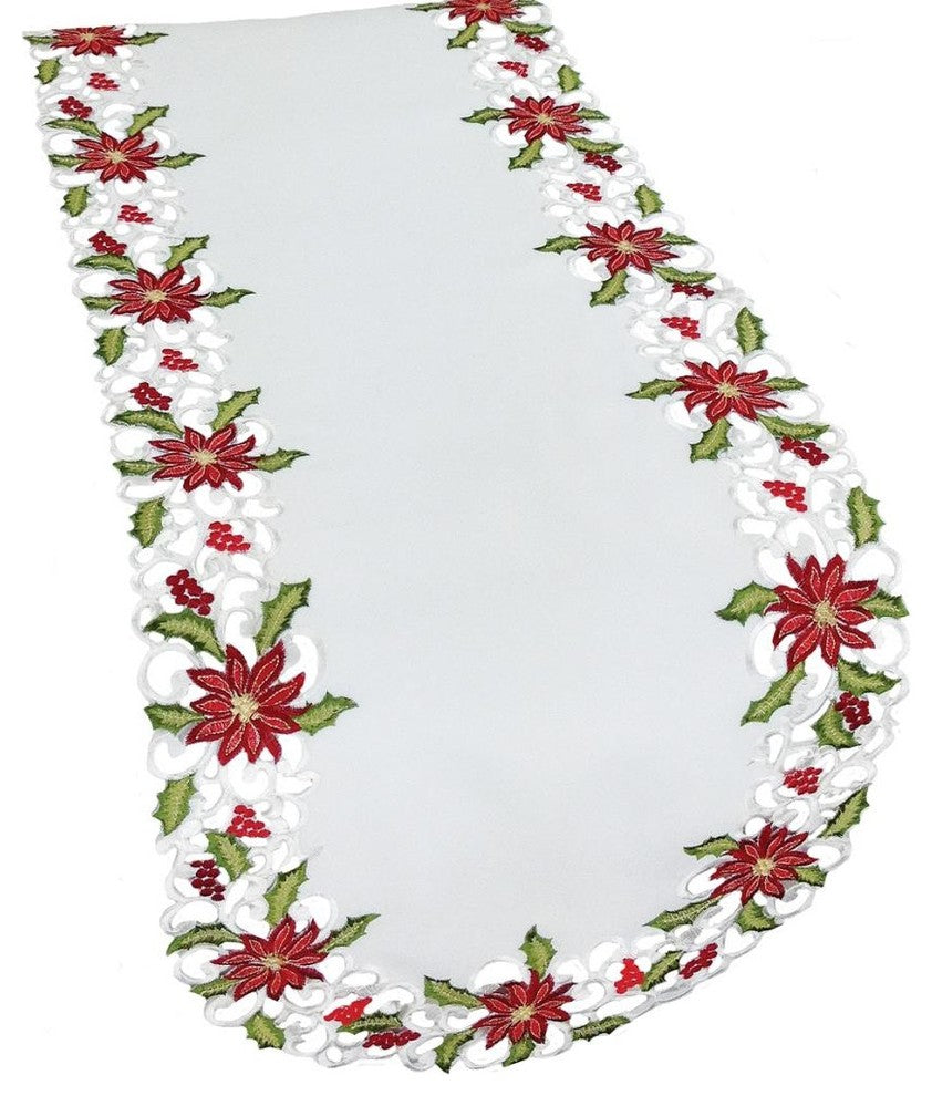 Poinsettia Lace Embroidered Cutwork Table Runner, 15x54