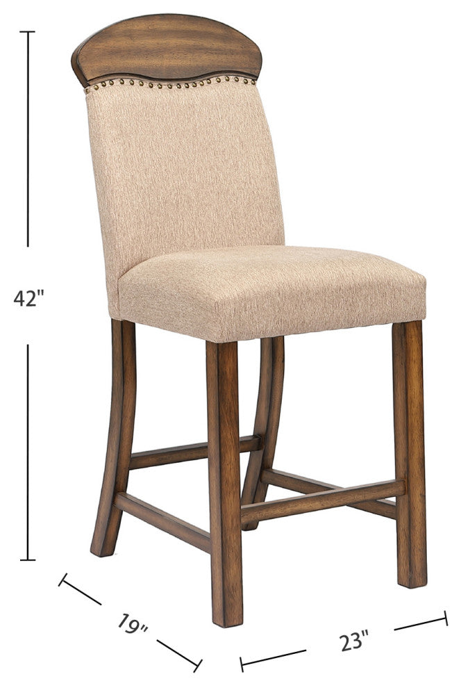 Set of 2 Linen Upholstered Counter Height Chair, Oak Finish