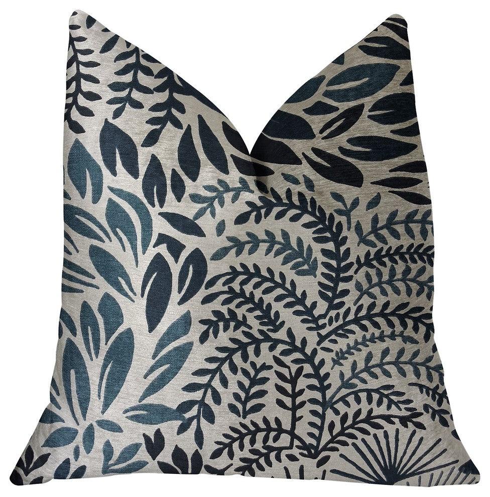 Leaf Snap Blue and Beige Luxury Throw Pillow, 26"x26"